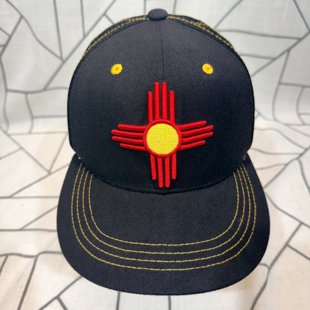 Aksels New Mexico Zia Sun Symbol Hat OSFA Black Red Yellow Mesh Snapback Trucker